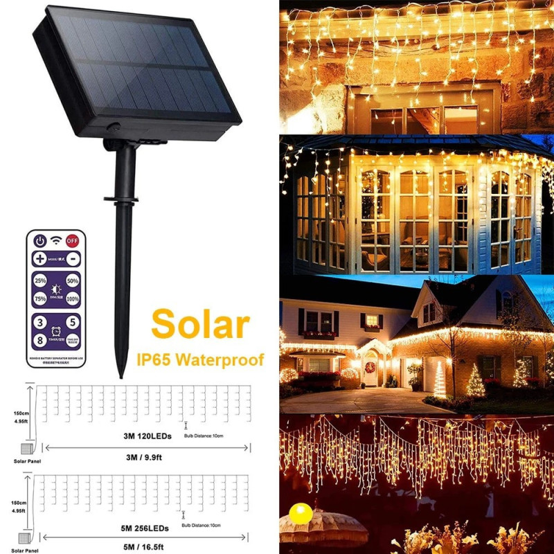 Instalatie solara franjuri, turturi ingali, lungime12m , 300 led-uri , alb cald