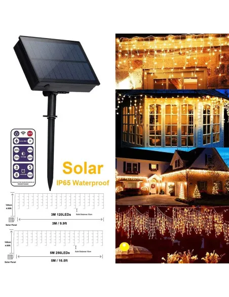 Instalatie solara franjuri, turturi ingali, lungime12m , 300 led-uri , alb cald