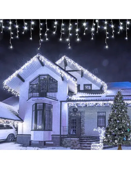 Instalatie perdea tip turturi pentru Craciun, 25m, 500 led, Flash, Fir Alb, Led, IP44, Interconectabila, Perdea, Franjuri