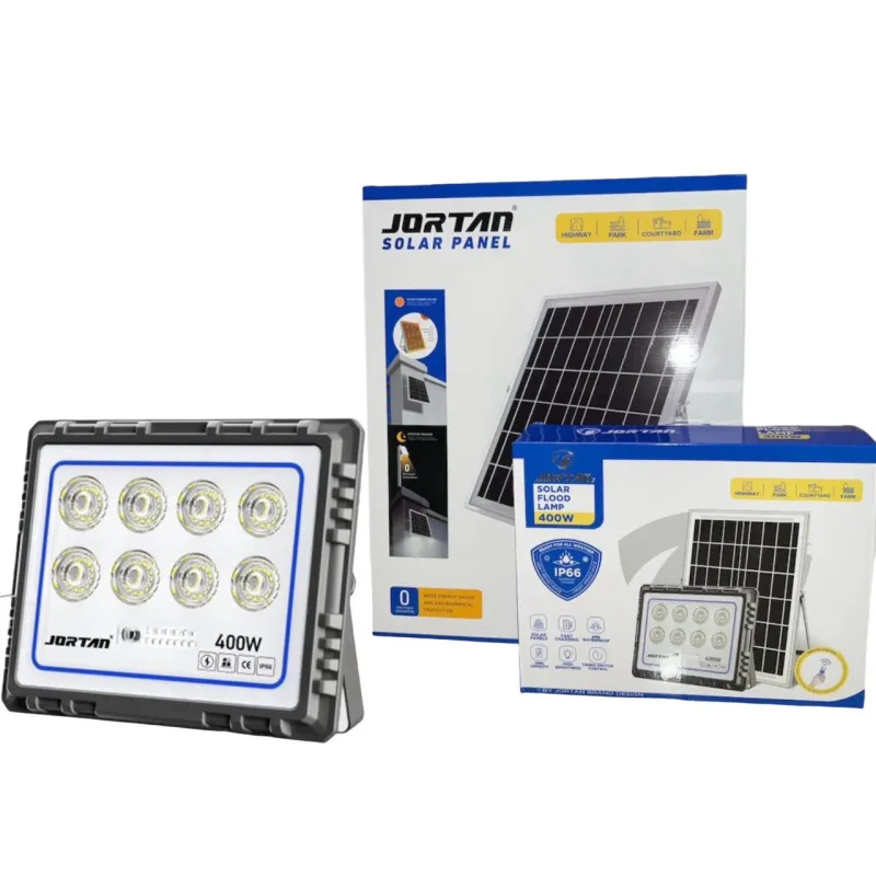 Proiector LED 400W cu panou solar, exterior IP 66, telecomanda, Jortan 2021