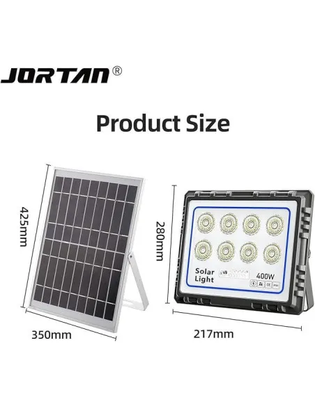 Proiector LED 400W cu panou solar, exterior IP 66, telecomanda, Jortan 2021