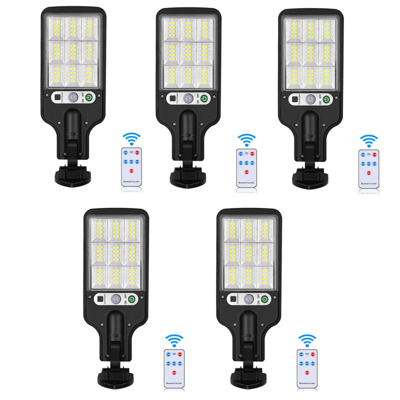 Set 5 x Lampi Solare de Perete cu 72 LED-uri, 50W, 3 Moduri de Functionare, Telecomanda, Senzor de Miscare si Lumina