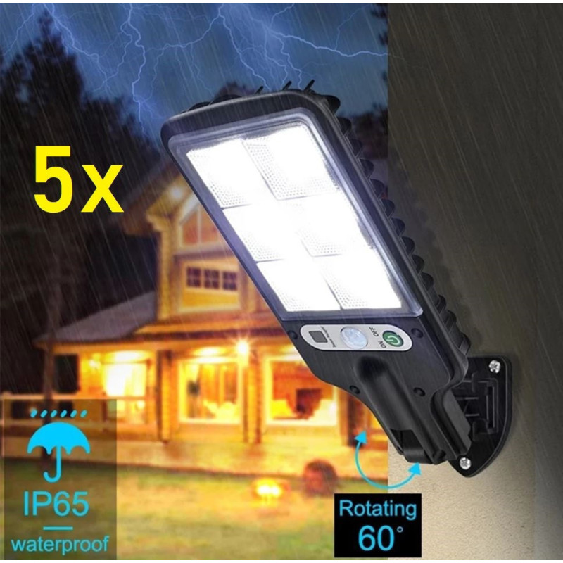 Set 5 x Lampi Solare de Perete cu 72 LED-uri, 50W, 3 Moduri de Functionare, Telecomanda, Senzor de Miscare si Lumina