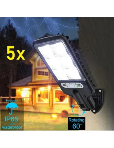 Set 5 x Lampi Solare de Perete cu 72 LED-uri, 50W, 3 Moduri de Functionare, Telecomanda, Senzor de Miscare si Lumina