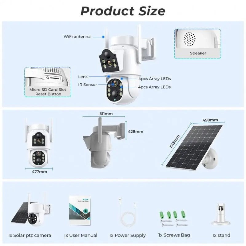 Camera de supraveghere duala, cu panou solar si Wi-Fi, rotativa, Jortan 8699 + Card 32 GB