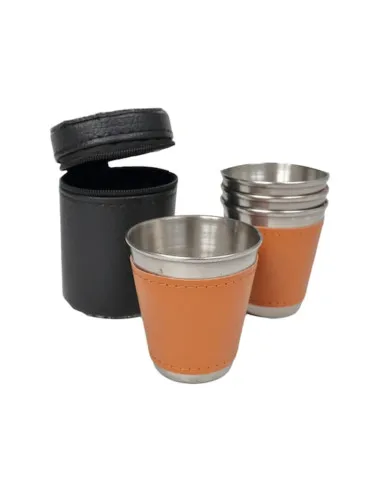 Set de 4 pahare shot din oțel inoxidabil cu husă din piele, 100 ml