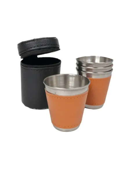 Set de 4 pahare shot din oțel inoxidabil cu husă din piele, 100 ml