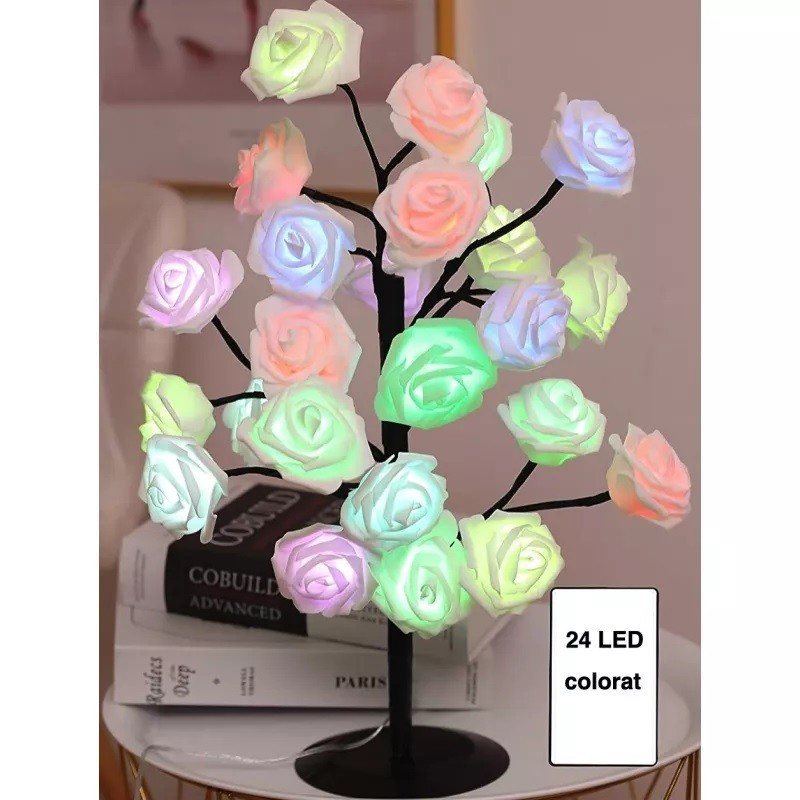 Veioza trandafir cu 24 de leduri, alb/crem, 45 cm