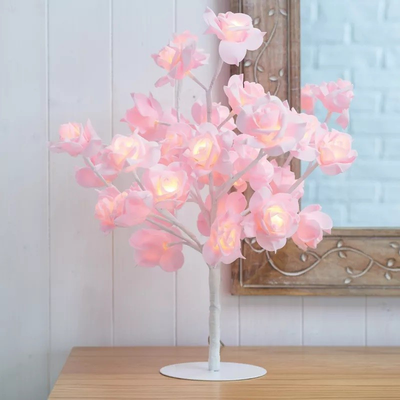 Veioza trandafir cu 24 de leduri, alb/crem, 45 cm