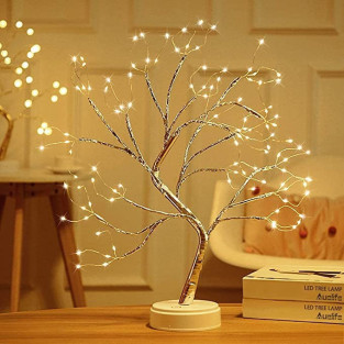Bonsai artifical argintiu , incarcare USB si Baterii AAA ,108 led-uri alb cald
