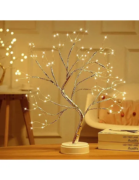 Bonsai artifical argintiu , incarcare USB si Baterii AAA ,108 led-uri alb cald