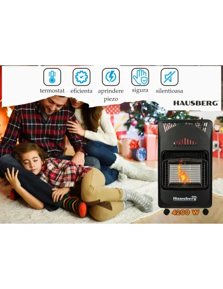 Soba pe Gaz GPL Hausberg HB-1021NG, 4.2 kW, 3 Trepte, Plăci Ceramice, Aprindere Piezoelectrică, Siguranță Automată, Sistem Mobil
