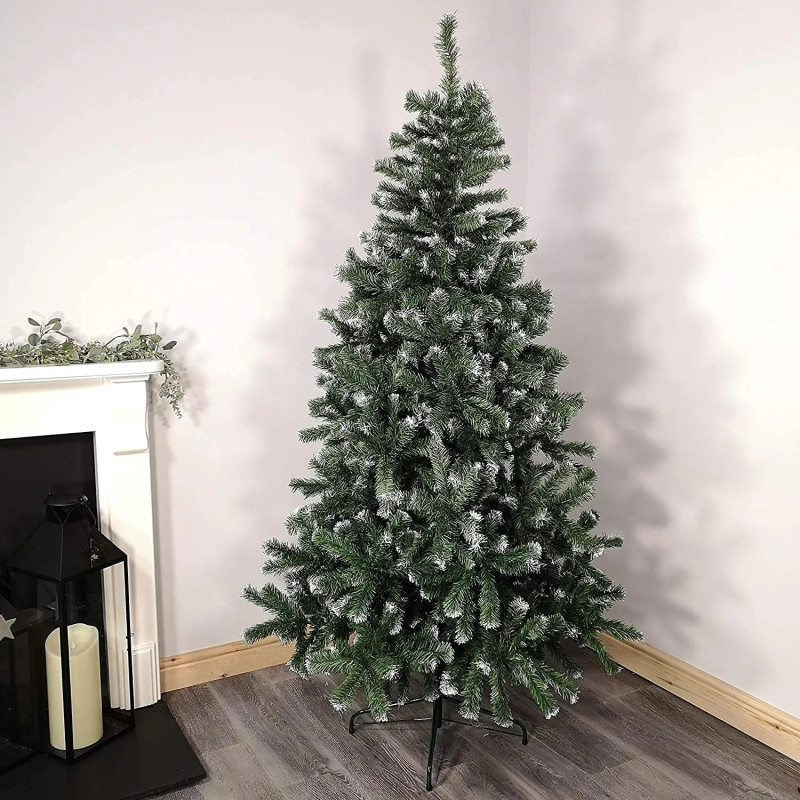Brad artificial verde cu varfuri albe, 180 cm cu 580 ramuri si suport metalic