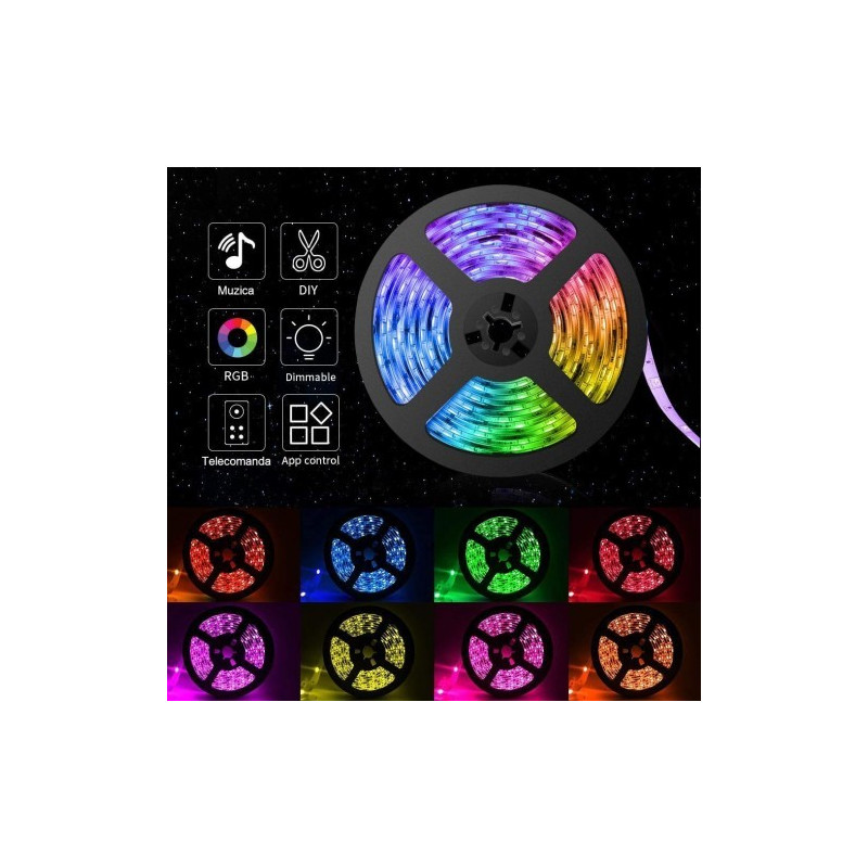 Kit Banda LED RGB, 5 Metri,Sincroniza Muzica,Bluetooth