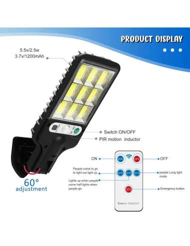 Set 5 x Lampi Solare de Perete cu 72 LED-uri COB, 50W, 3 Moduri de Functionare, Telecomanda, Senzor de Miscare si Lumina