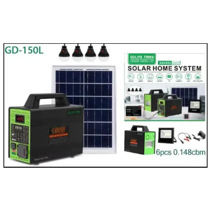 Kit sistem solar GD-150L , Invertor 220V 150W, Panou fotovoltaic 40W, cu 4 Becuri si Proiector LED
