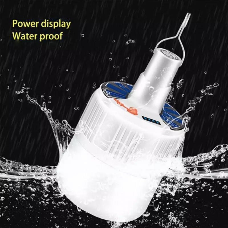 Lampa tip bec cu incarcare solara si USB, 6 moduri de iluminare si carlig pentru agatare, 20W