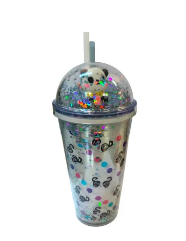 Pahar Plastic Sclipici cu Capac Bombat și Pai Reutilizabil, 450 ml, Multicolor