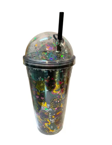 Pahar Plastic Sclipici cu Capac Bombat și Pai Reutilizabil, 450 ml, Multicolor
