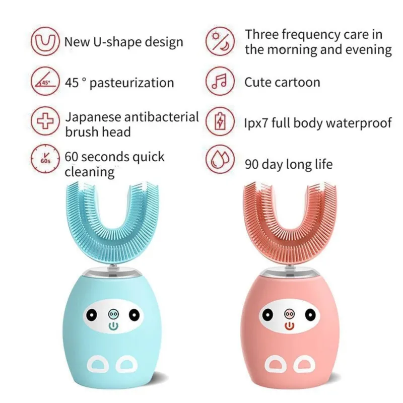 Periuta de dinti electrica pentru copii, forma de U, cu incarcare USB, 4 trepte
