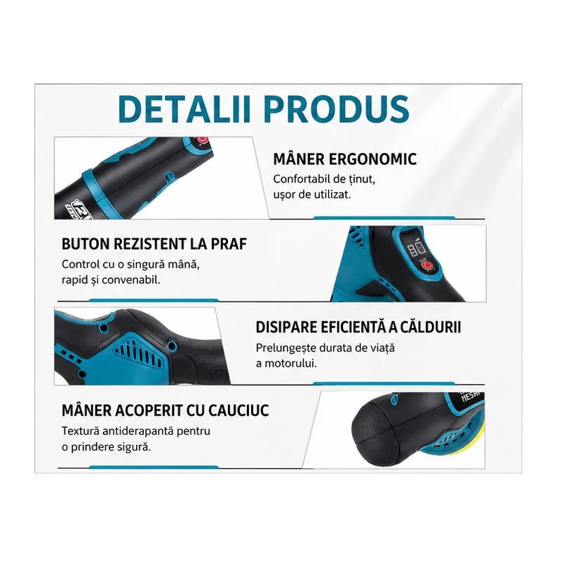 Aparat Polish Auto Portabil, 12V, Fără Fir, 2500-5000 RPM, 6 Viteze