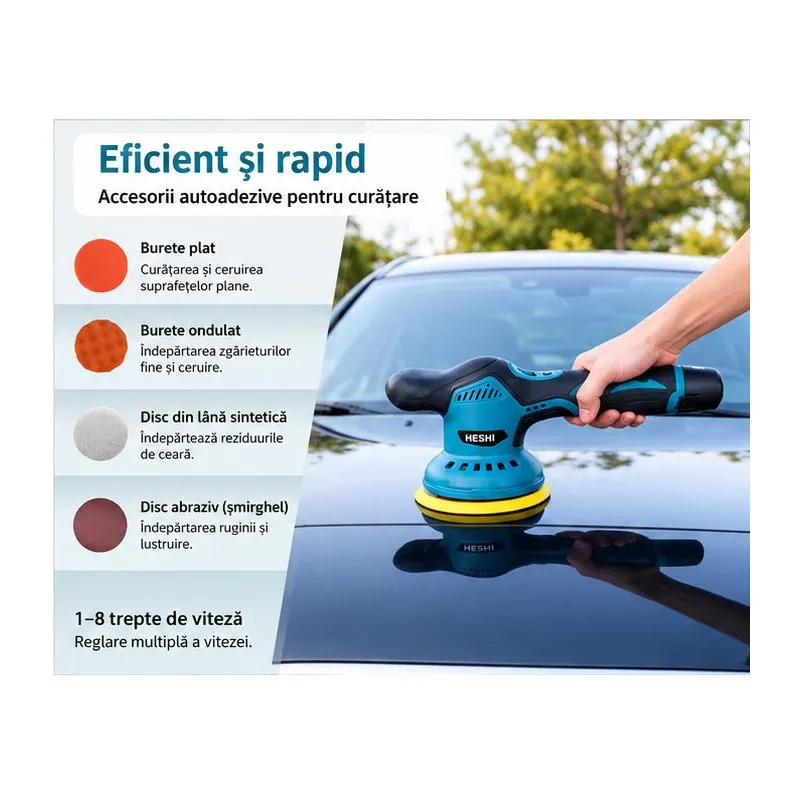 Aparat Polish Auto Portabil, 12V, Fără Fir, 2500-5000 RPM, 6 Viteze