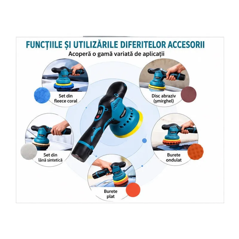 Aparat Polish Auto Portabil, 12V, Fără Fir, 2500-5000 RPM, 6 Viteze