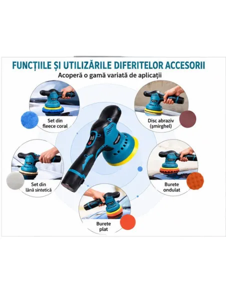 Aparat Polish Auto Portabil, 12V, Fără Fir, 2500-5000 RPM, 6 Viteze