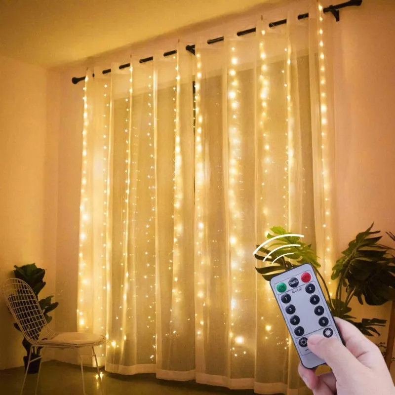 Instalație Perdea LED 3x3M, 300 LED, Alb Cald, 8 Jocuri lumini