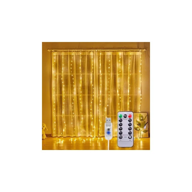 Instalație Perdea LED 3x3M, 300 LED, Alb Cald, 8 Jocuri lumini