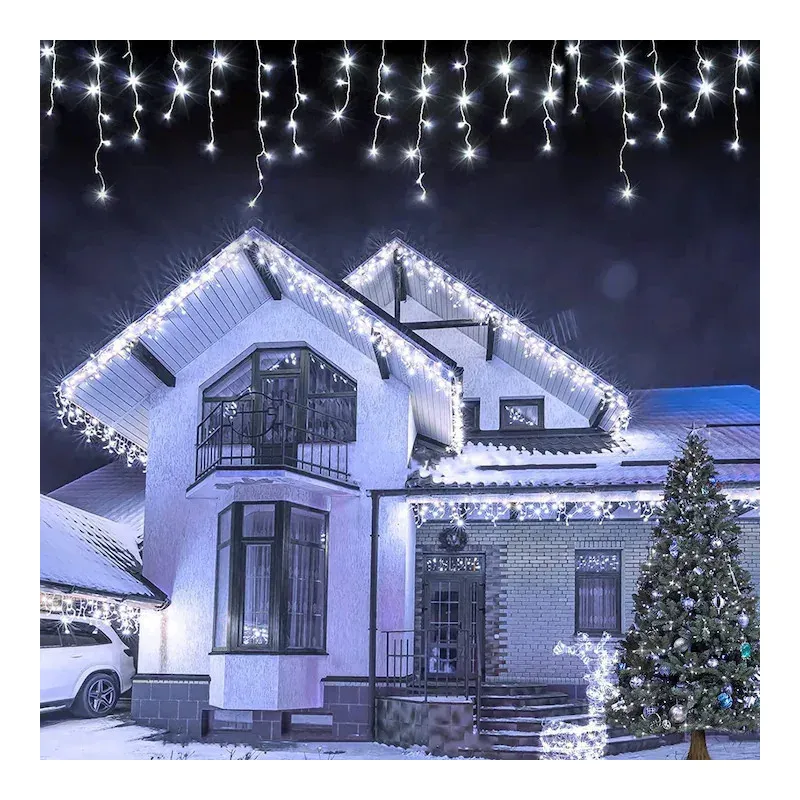 Instalatie perdea tip turturi pentru Craciun, 25m, 500 led, Flash, Fir Alb, Led, IP44, Interconectabila, Perdea, Franjuri