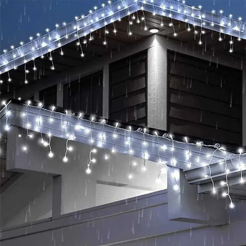 Instalatie perdea tip turturi pentru Craciun, 25m, 500 led, Flash, Fir Alb, Led, IP44, Interconectabila, Perdea, Franjuri