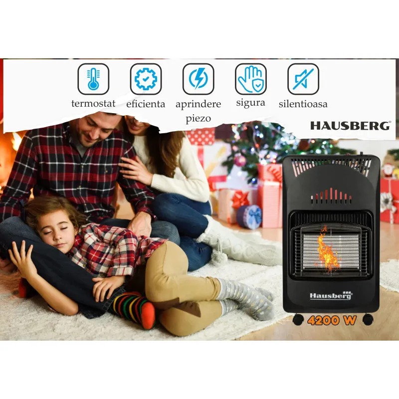 Soba pe Gaz GPL Hausberg HB-1021NG, 4.2 kW, 3 Trepte, Plăci Ceramice, Aprindere Piezoelectrică, Siguranță Automată, Sistem Mobil