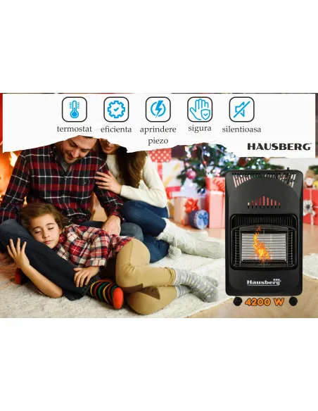 Soba pe Gaz GPL Hausberg HB-1021NG, 4.2 kW, 3 Trepte, Plăci Ceramice, Aprindere Piezoelectrică, Siguranță Automată, Sistem Mobil