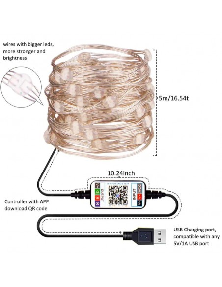 Sârmă de cupru, USB bluetooth smart LED șir de lumină 8 m