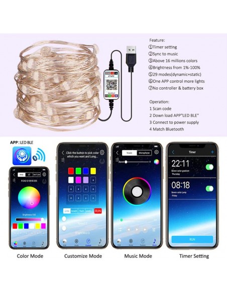 Sârmă de cupru, USB bluetooth smart LED șir de lumină 8 m