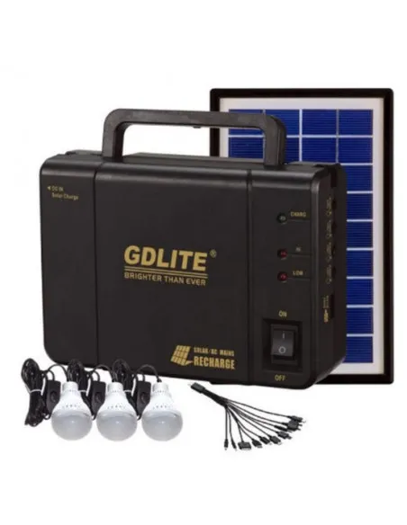 Sistem Iluminat Solar GDLite cu 3 Becuri LED, Panou Solar 6V 4Ah, Port USB, Baterie Reincarcabila
