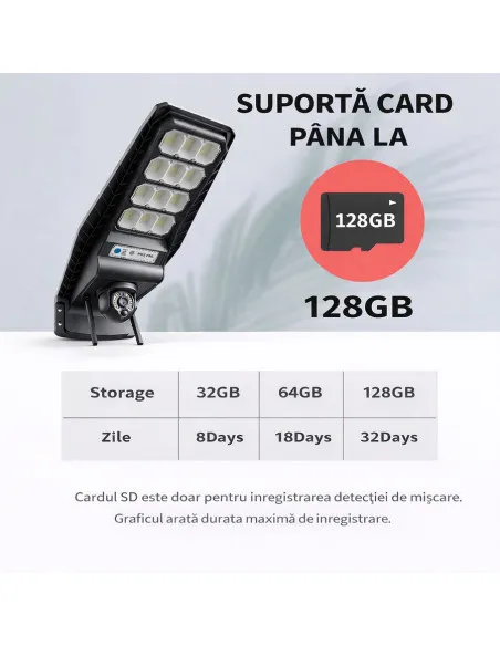 Lampa Solara cu Camera 4G 3MP - 400W Jortan - Baterie 26000mAh, Viziune Nocturna Color, Control Distanta