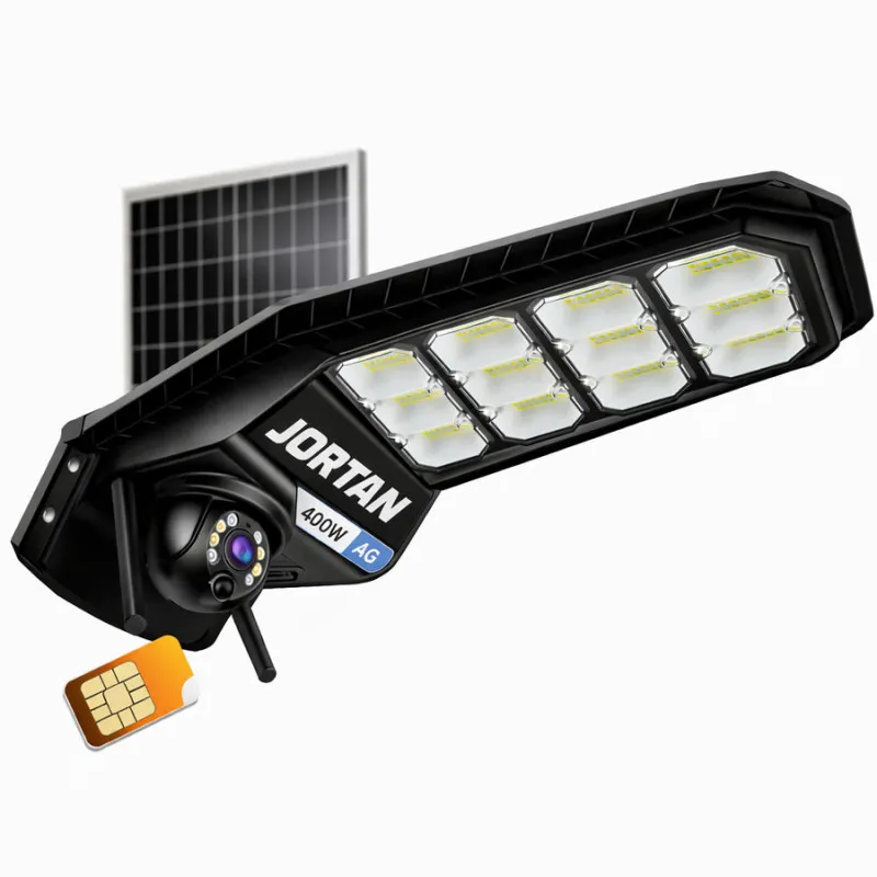 Lampa Solara cu Camera 4G 3MP - 400W Jortan - Baterie 26000mAh, Viziune Nocturna Color, Control Distanta