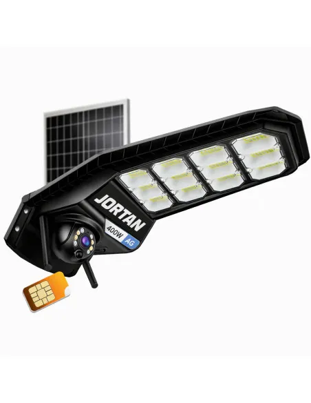 Lampa Solara cu Camera 4G 3MP - 400W Jortan - Baterie 26000mAh, Viziune Nocturna Color, Control Distanta