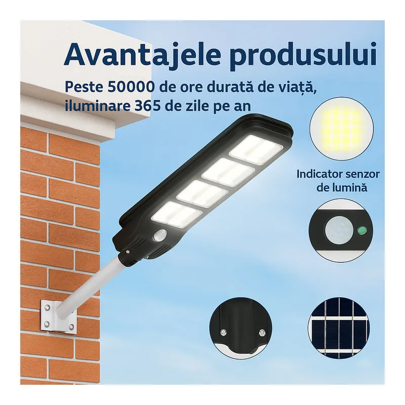 Lampa Solara Stradala 150W cu LED, Panou Policristalin, Suport si Telecomanda – IP65, Autonomie 14h
