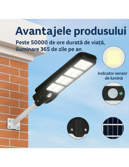 Lampa Solara Stradala Jortan 400W, Baterie 12000mAh, Autonomie 12-14h, Telecomanda, Picior Metalic