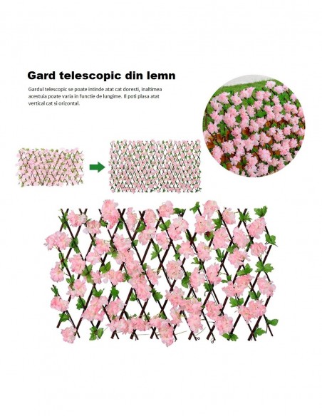 Gard artificial, telescopic din lemn cu frunze si flori