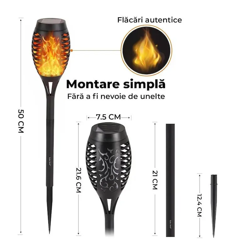 Set 8 x lampa solara tip torta cu efect de flacara falsa, 51cm, rezistente la intemperii, IP65