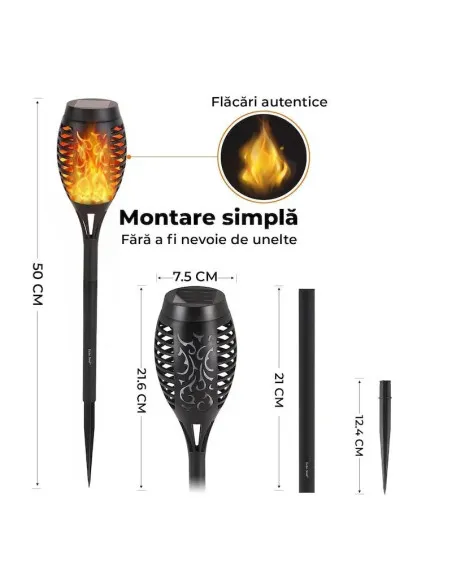 Set 8 x lampa solara tip torta cu efect de flacara falsa, 51cm, rezistente la intemperii, IP65