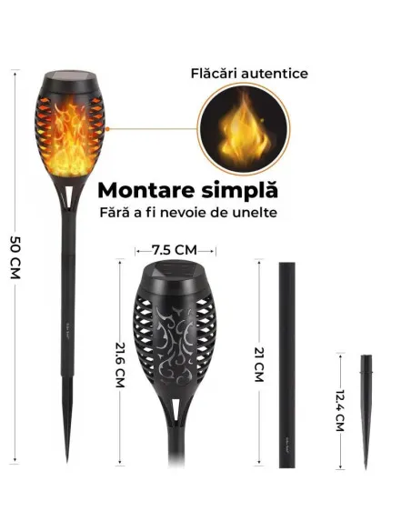 Set 8 x lampa solara tip torta cu efect de flacara falsa, 51cm, rezistente la intemperii, IP65