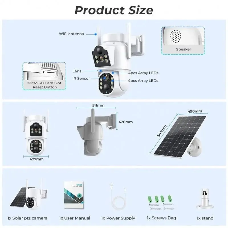Camera de supraveghere duala, cu panou solar si Wi-Fi, rotativa, Jortan 8699 + Card 32 GB