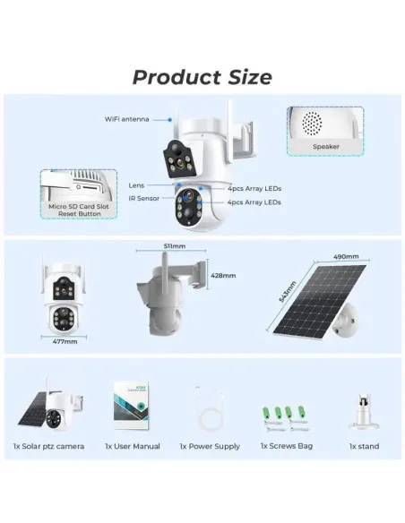 Camera de supraveghere duala, cu panou solar si Wi-Fi, rotativa, Jortan 8699 + Card 32 GB