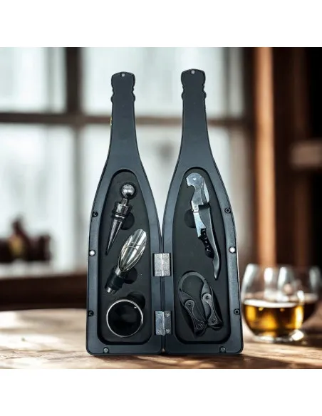 Set cadou pentru vin cu 5 accesorii în suport sub forma de sticla