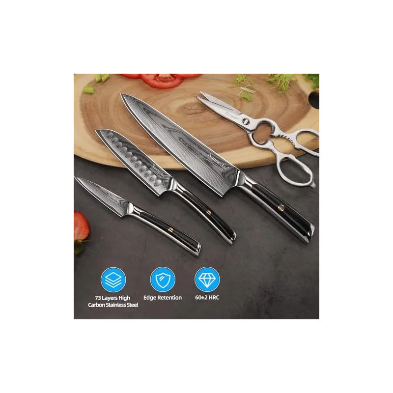 Sunnecko Set 4 Cuțite Damascus Bucătărie + Foarfece